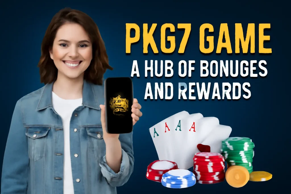 PK67 Game APK featuring a woman holding a smartphone displaying the game, surrounded by poker chips and playing cards
